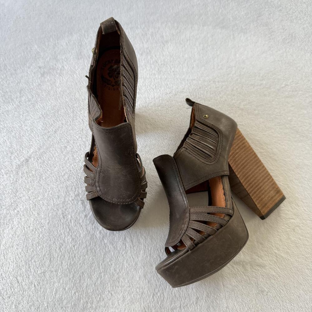 Lucky Brand Sandals Womens Size 6 Brown Leather Strappy Platform Block Heel